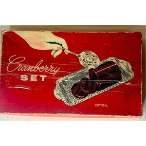Cranberry Serving Set Crystal Glass Dish & Silver Plate Spoon  Vintage In Box